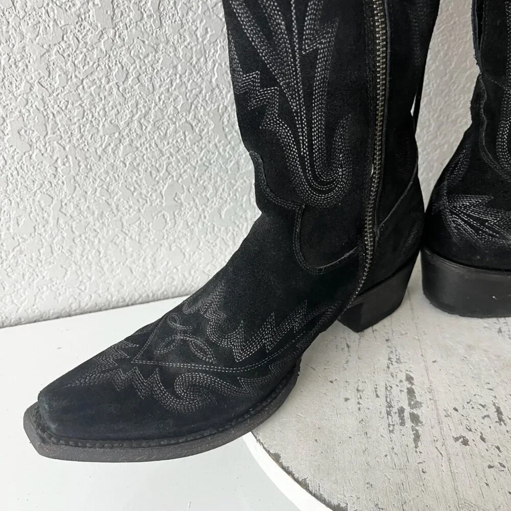 Lane LEXINGTON Over the Knee Cowboy Boots Black Suede Western Tall Snip Toe 7